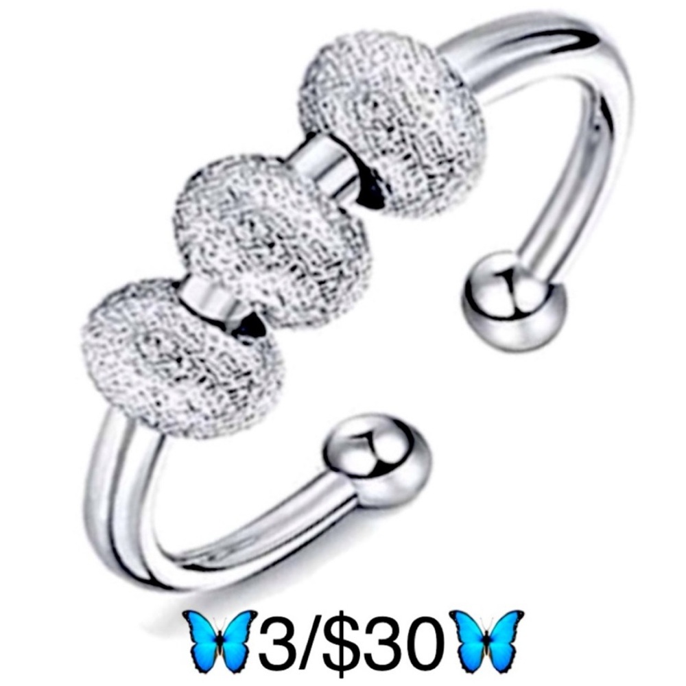 Stainless Steel Silver Tone Adjustable Frosted Sand Finish Fidget Bead Ring, OS